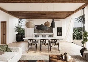 Chandra Samui designer villas - living room and kitchen view