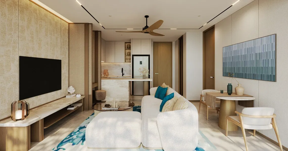 Laguna Aster Phuket luxury condo - 1-bedroom living room, sofa and TV