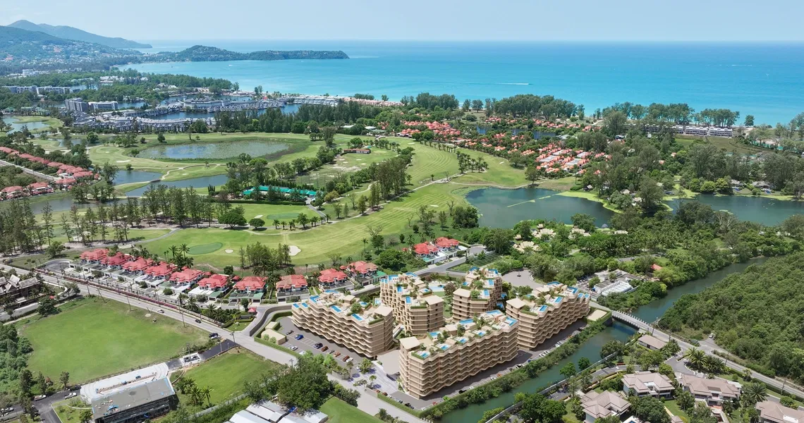 Laguna Golf Residences Hibiscus - aerial view on condo, golf and sea