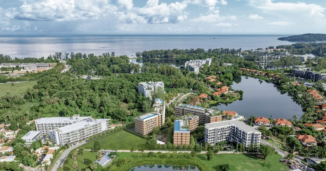 Laguna Aster Phuket luxury condo - aerial view of condo, lakes and sea